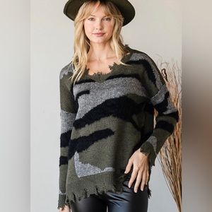 Camo print distressed pullover sweater